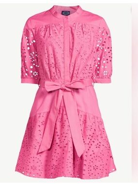 Scoop Pink Eyelet Mini Dress Belted Shirt Dress Size 4-6 Cottagecore Summer